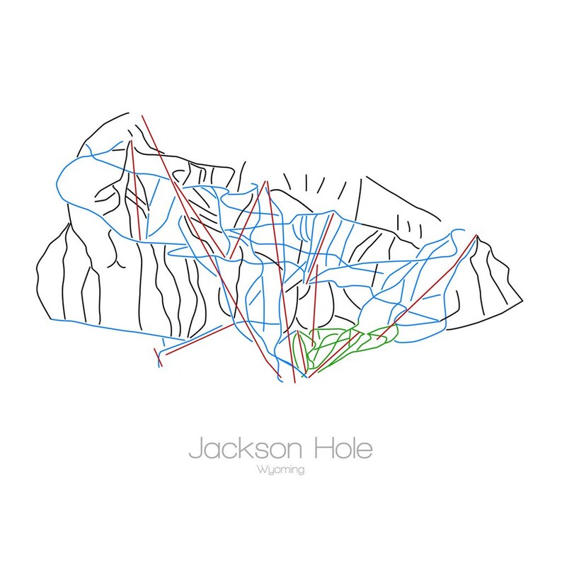 May include: A line drawing map of the Jackson Hole ski resort in Wyoming. The map shows the different ski runs and lifts. The runs are color-coded by difficulty, with blue runs being the easiest, black runs being the most difficult, and green runs being intermediate.