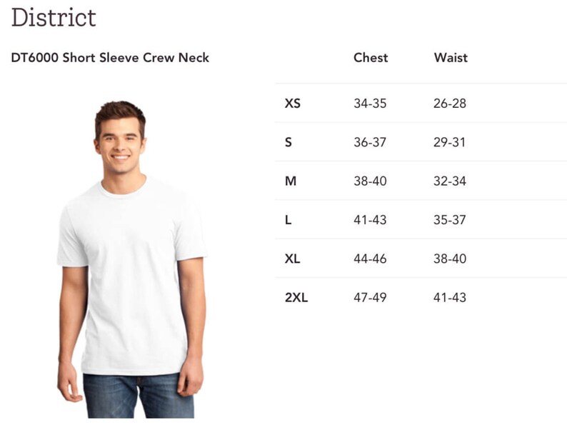 May include: A white short-sleeved crew neck t-shirt with the text "DT6000" and "Short Sleeve Crew Neck" printed on the front. A size chart is shown with chest and waist measurements in inches for sizes XS, S, M, L, XL, and 2XL.