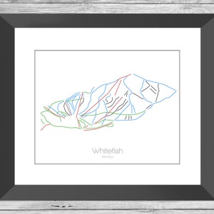 Whitefish Map Montana Mt Ski Snowboard Trail Map Art --- Print, Poster, Picture --- Frame, Gift, Present --- Resort, Mountain, Snow, Winter