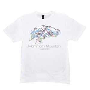 May include: White t-shirt with a blue, green, red, and black outline of the Mammoth Mountain ski resort in California. The text "Mammoth Mountain" and "California" is printed in gray below the outline.