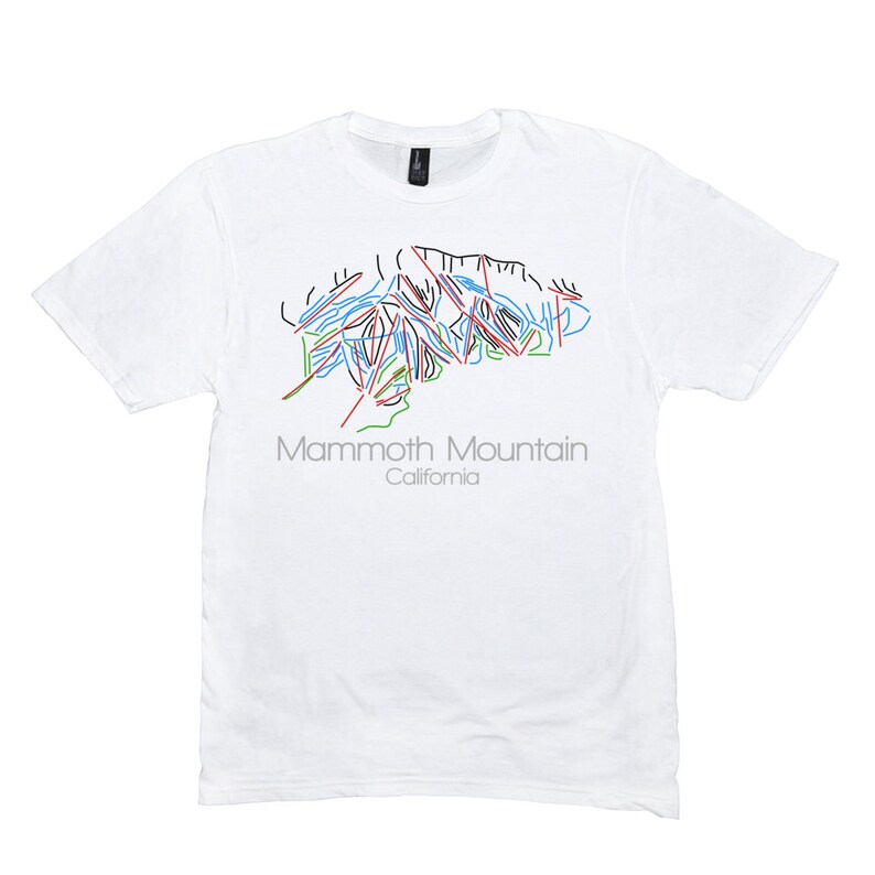 May include: White t-shirt with a blue, green, red, and black outline of the Mammoth Mountain ski resort in California. The text "Mammoth Mountain" and "California" is printed in gray below the outline.