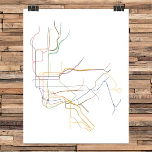 May include: A colorful line art map of a city's subway system. The lines are in various colors, including red, blue, green, yellow, and purple. The map is on a white background.
