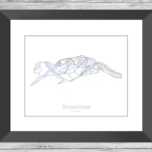 Snowmass Map Colorado Co Ski Snowboard Trail Art --- Print, Poster, Bild --- Rahmen, Geschenk, Geschenk --- Resort, Berg, Schnee, Winter