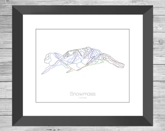 Snowmass Map Colorado Co Ski Snowboard Trail Map Art --- Print, Poster, Picture --- Frame, Gift, Present --- Resort, Mountain, Snow, Winter