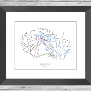 Alyeska Karte Alaska Ak Ski Snowboard Trail Art --- Print, Poster, Bild --- Rahmen, Geschenk, Geschenk --- Resort, Berg, Schnee, Winter