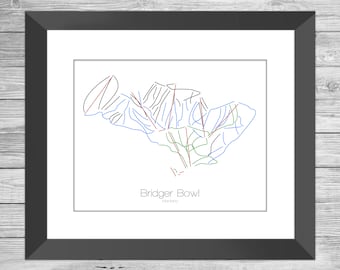 Bridger Bowl Montana Mt Ski Snowboard Trail Map Art --- Print, Poster, Picture --- Frame, Gift, Present --- Resort, Mountain, Snow, Winter