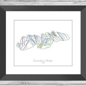 Sonntag Fluss Karte Maine Me Ski Snowboard Karte Kunst --- Druck, Poster, Bild --- Rahmen, Geschenk, Geschenk --- Resort, Berg, Schnee, Winter