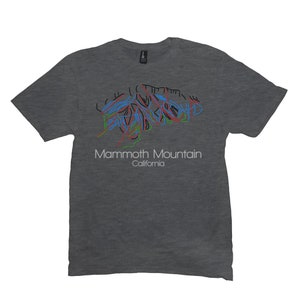 May include: A dark heather grey t-shirt with a graphic of the Mammoth Mountain ski resort in California. The graphic is in blue, red, green, and black.