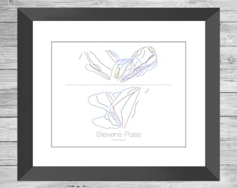 Stevens Pass Map Washington Wa Ski Snowboard Trail Art --- Print, Poster, Picture ---Frame, Gift, Present --- Resort, Mountain, Snow, Winter