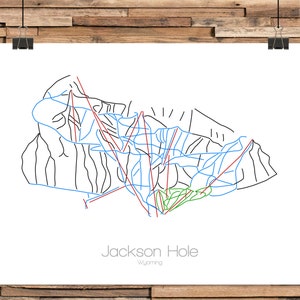 May include: A black and white line art map of the Jackson Hole ski resort in Wyoming. The map shows the different ski runs, with blue lines for easy runs, red lines for intermediate runs, and green lines for difficult runs.