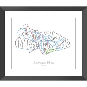 May include: A black and white line art map of the Jackson Hole ski resort in Wyoming. The map shows the different ski runs and lifts. The text "Jackson Hole" and "Wyoming" is printed below the map.