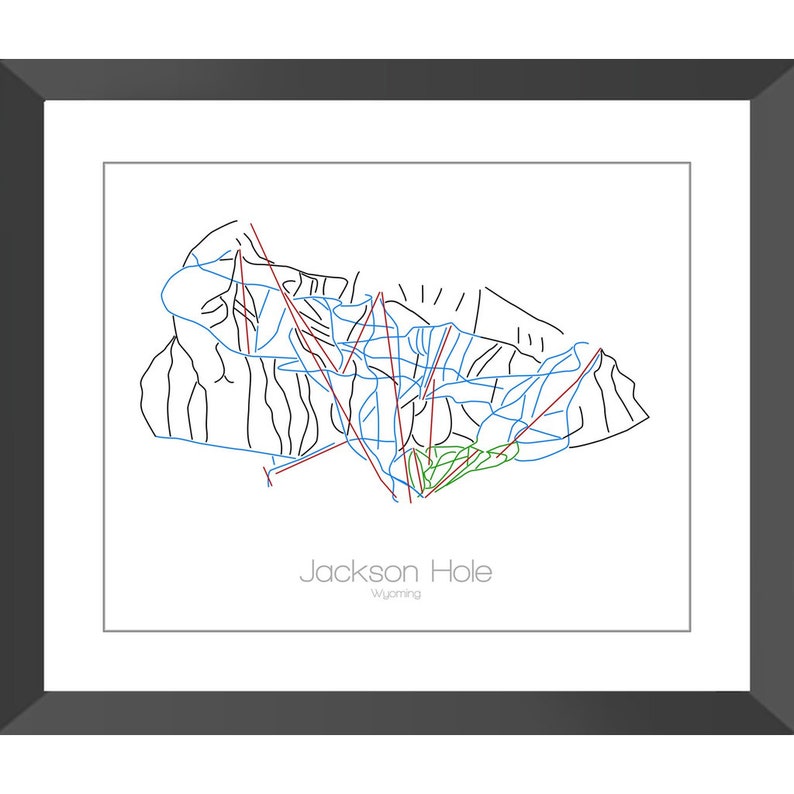 May include: A black and white line art map of the Jackson Hole ski resort in Wyoming. The map shows the different ski runs and lifts. The text "Jackson Hole" and "Wyoming" is printed below the map.