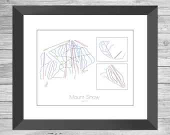 Mount Snow Map Vermont Vt Ski Snowboard Trail Map Art --- Print, Poster, Picture --- Frame, Gift, Present --- Resort, Mountain, Snow, Winter