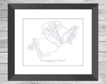 Smugglers 'Notch Kaart Vermont Vt Ski Snowboard Trail Kaart Kunst --- Print, Poster, Picture --- Gift, Present --- Resort, Mountain, Snow, Winter