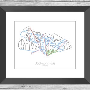 May include: A black and white line art map of the Jackson Hole ski resort in Wyoming. The map shows the different ski runs and lifts. The text "Jackson Hole" and "Wyoming" is printed below the map.