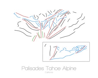 Puede incluir: Un dibujo en blanco y negro de una pista de esquí, que muestra las diferentes pistas y remontes. El mapa está etiquetado como "Palisades Tahoe Alpine, California".