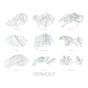 Arte de la colección de montaña de la estación de esquí de Vermont: Bromley, Jay Peak, Killington, Magic, Mount Snow, Okemo, Stratton, Stowe, Sugarbush