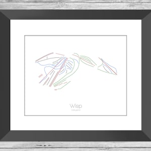 Wisp Map Maryland Md Ski Snowboard Trail Art --- Print, Poster, Bild --- Rahmen, Geschenk, Geschenk --- Resort, Berg, Schnee, Winter
