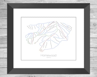 Homewood Map California  Ca Ski Snowboard Trail Art --- Print, Poster, Picture --- Frame, Gift, Present --- Resort, Mountain, Snow, Winter