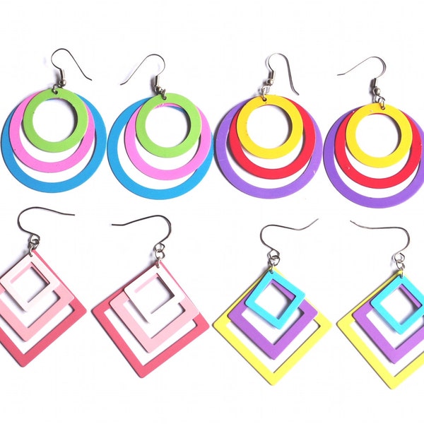 Colorful Vintage Metal Earrings - Multicolor Dangles, Dangle Earrings - Geometric Jewelry