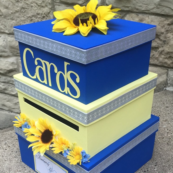 Custom Wedding Card Box, 3 Tier, Card Holder, Square, Blue and Yellow, Sunflowers, Wedding Decor