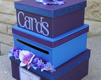 Wedding Card Box, Card Holder, 3 Tier Square, Purple and Blue, Glitter, Orchids, Reception Decor
