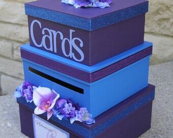 Caja para tarjetas de boda, tarjetero, cuadrado de 3 niveles, morado y azul, purpurina, orquídeas, decoración de recepción