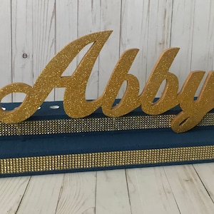 Sweet 16 Candelabra with Wood Glittered Name, Bat Mitzvah Candelabra, Name Stand, Candle Ceremony, Candleboard, Candleholder, Navy and Gold