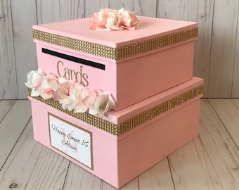 Sweet 16 Card Box, 2 Tier, Square, Blush Pink, Wedding, Bat Mitzvah, Birthday, Card Holder