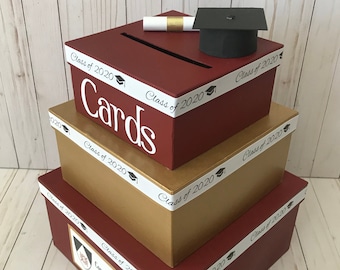 Custom Graduation Card Box, 3 Tier, Card Holder, Square, College or High School Colors, Diploma and Graduation Cap