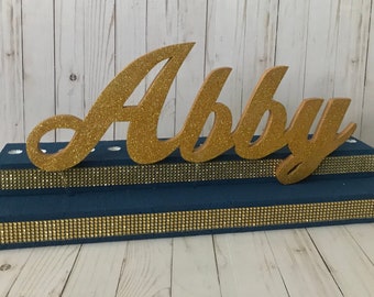 Sweet 16 Candelabra with Wood Glittered Name, Bat Mitzvah Candelabra, Name Stand, Candle Ceremony, Candleboard, Candleholder, Navy and Gold