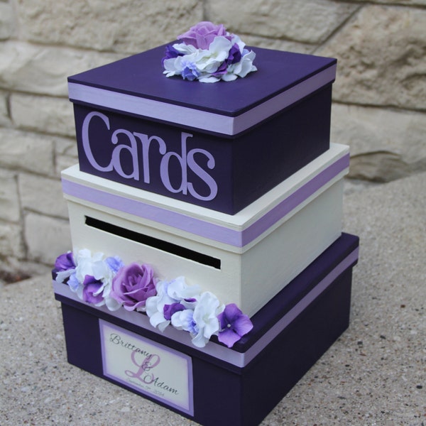 Wedding Card Box, 3 Tier, Card Holder, Square, Purple and Ivory