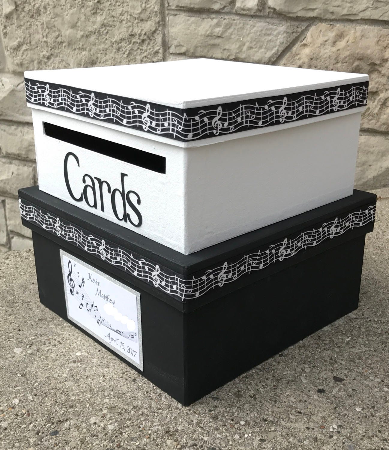 Custom Card Box, 2 Tier, Card Holder, Square, Black and White, Music theme, Birthday, Wedding