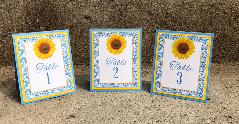 Handmade Table Numbers Blue and Yellow Sunflower Wedding image 0