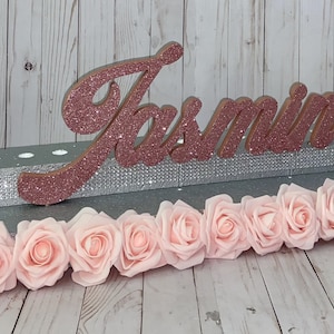 Sweet 16 Candelabra with Flowers and Wood Glittered Name, Bat Mitzvah Candelabra, Name Stand, Candle Ceremony, Candleboard, Candleholder