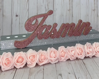 Sweet 16 Candelabra with Flowers and Wood Glittered Name, Bat Mitzvah Candelabra, Name Stand, Candle Ceremony, Candleboard, Candleholder