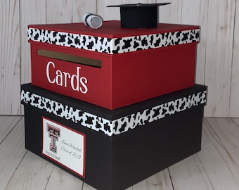 Custom Graduation Card Box, 2 Tier, Card Holder, Square, College or High School Colors, Diploma and Graduation Cap