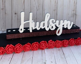 Sweet 16 Candelabra with Flowers and Wood Glittered Name, Bat Mitzvah Candelabra, Name Stand, Candle Ceremony, Candleboard, Candleholder