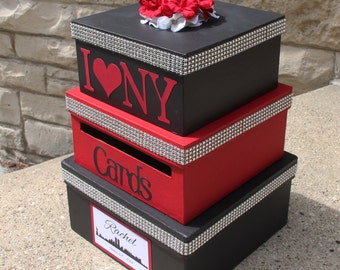 Custom Card Box, 3 Tier, Card Holder, Square, Black and Red, NY theme party