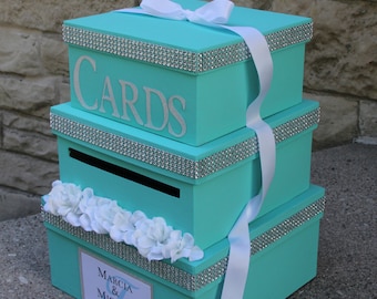 Custom Wedding Card Box, 3 Tier, Card Holder, Square, Robin's Egg Blue, Aqua, Bling, White, Wedding Decor