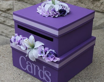 Custom Wedding Card Box, 2 Tier, Card Holder, Square, Purple, Lilies, Wedding Decor