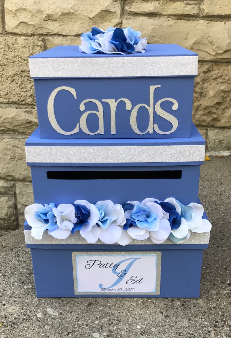 Wedding Card Box Card Holder 3 Tier Square Blue and White Etsy