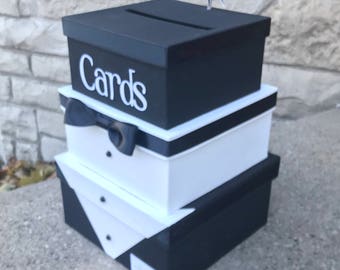 Custom Birthday Card Box, 3 Tier, Card Holder, Square, Black and White, Tuxedo theme
