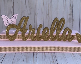 Butterfly Sweet 16 Candelabra with Wood Glittered Name, Bat Mitzvah Candelabra, Name Stand, Candle Ceremony, Candleboard, Candleholder