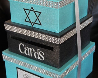 Custom Card Box, Bat Mitzvah, 3 Tier, Card Holder, Square, Teal and Black, Glitter and Sparkle