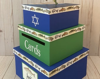 Caja de tarjetas personalizada, Bar Mitzvah, Cumpleaños, 3 niveles, Titular de la tarjeta, Cuadrado, Tema de pesca