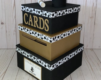 Custom Graduation Card Box, 3 Tier, Card Holder, Square, College or High School Colors, Diploma and Graduation Cap