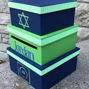Custom Card Box, 3 Tier, Card Holder, Square, Navy, Neon Green, Bar Mitzvah, Bat Mitzvah, Birthday