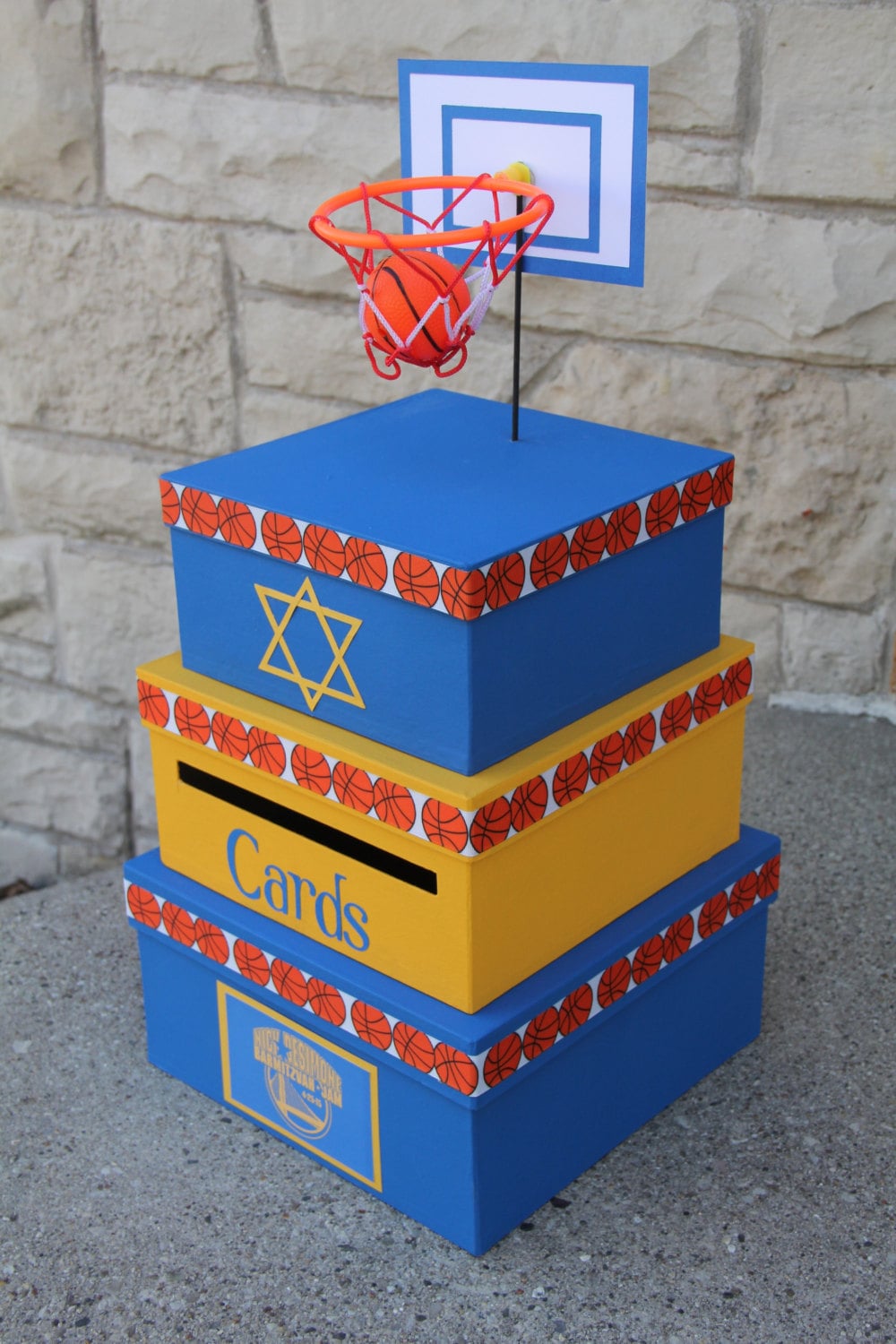 Custom Card Box Bar Mitzvah Boys Birthday 3 Tier Card Holder Square Basketball theme