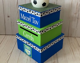 Custom Card Box, Bar Mitzvah, Boys Birthday, 3 Tier, Card Holder, Square, Soccer theme